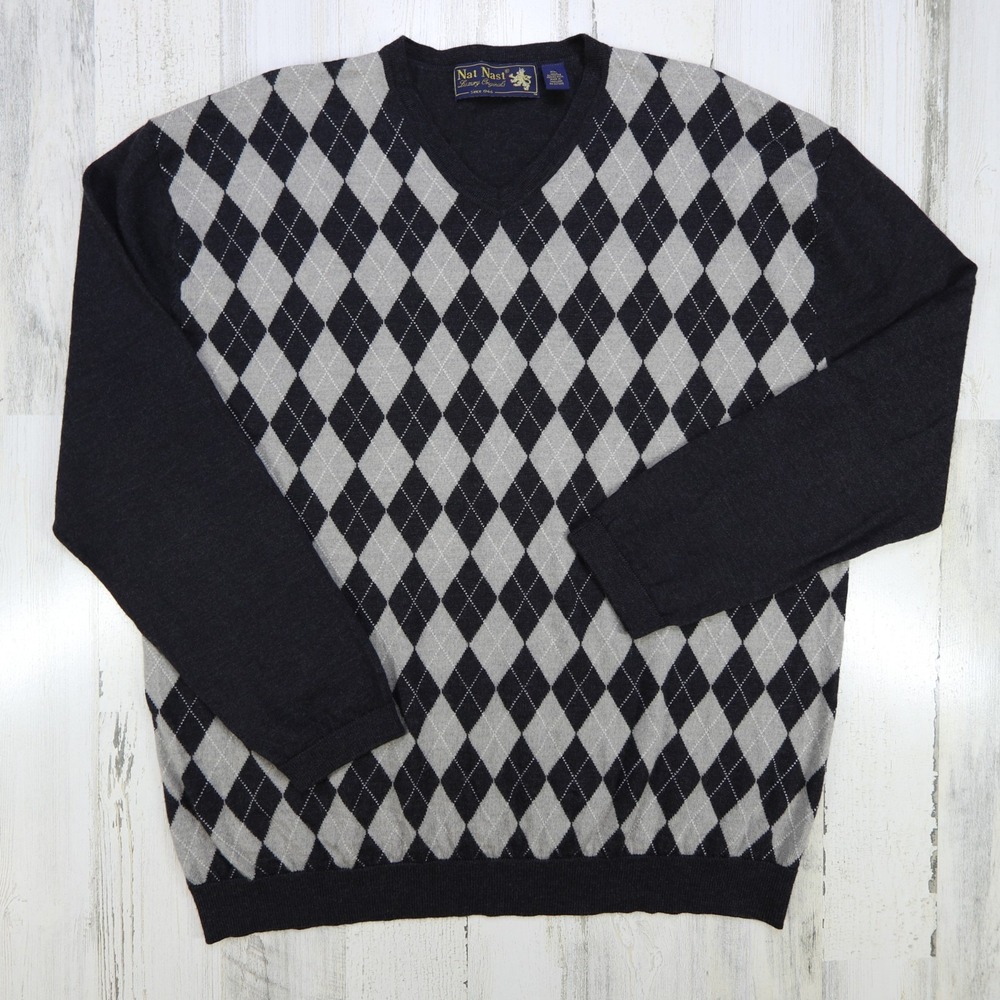 Nat Nast Sweater Mens XL Luxury Originals Argyle Merino Wool Pullover